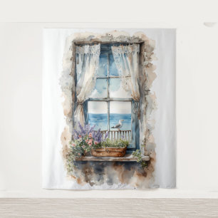 Meerblick aus dem Fenster Aquarell-Küstenlandschaf Wandteppich