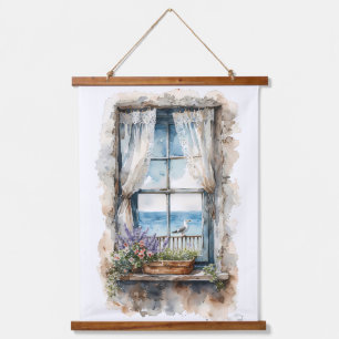 Meerblick aus dem Fenster - Aquarell-Küstenszene Wandteppich Mit Holzrahmen