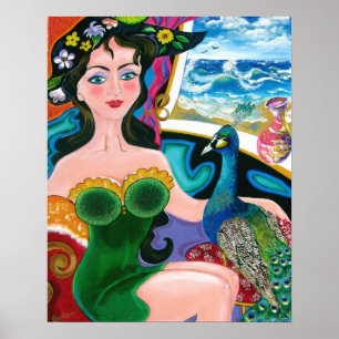 Meerblick mit Dame u. einem Pfau - von Galina Poster