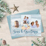 Meere und Grüße Foto aus Küstenwald Feiertagskarte<br><div class="desc">Schenken Sie Weihnachtswünsche vom Strand mit dieser personalisierten Küsten-Urlaubskarte mit 3 Fotos und "Seas & Greetings" in handgeschriebener Schriftzeichen. In der Mitte befindet sich eine Gruppe von Aquarellen mit einem Hintergrund aus Strandholz. *Wenn Sie Hilfe bei diesem Design oder den passenden Produkten benötigen,  kontaktieren Sie mich bitte über Zazzle.</div>