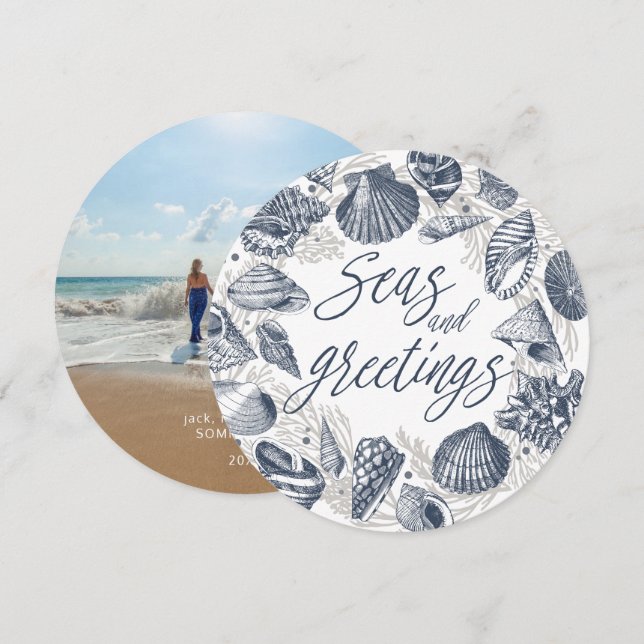 Meere und Grüße | Nautic Seashell Foto Card Einladung (Vorne/Hinten)