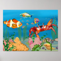 Meeresboden mit roter Krabbe, Algen und Fischen, t