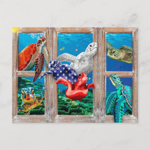 Meereschildkröten schwimmen in die Tür Dekorations Postkarte