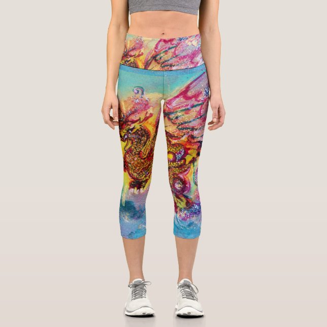 MEERESDRAGON in Blue Gold Yellow Pink Fantasy Capri Leggings (Vorderseite)