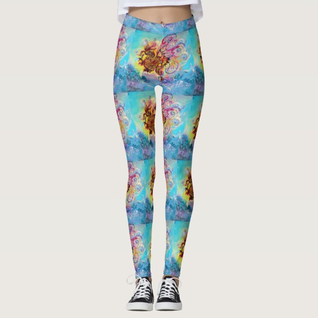 MEERESDRAGON in Blue Gold Yellow Pink Fantasy Leggings (Vorderseite)