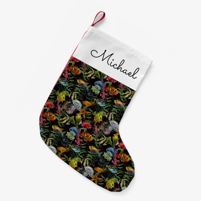 Meeresfarbenleben| Name hinzufügen Kleiner Weihnachtsstrumpf (Vorderansicht (hängend))