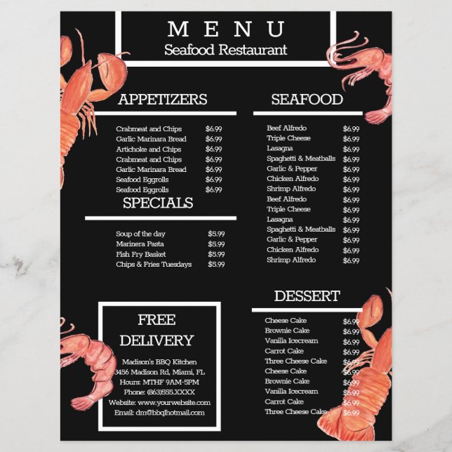 Meeresfrüchte Grill Restaurant Speisekarte Flyer (Vorne)