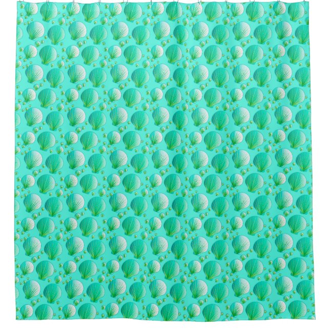 Meeresfrüchte-Grüne Muscheln auf Aqua Duschvorhang (Vorderseite)