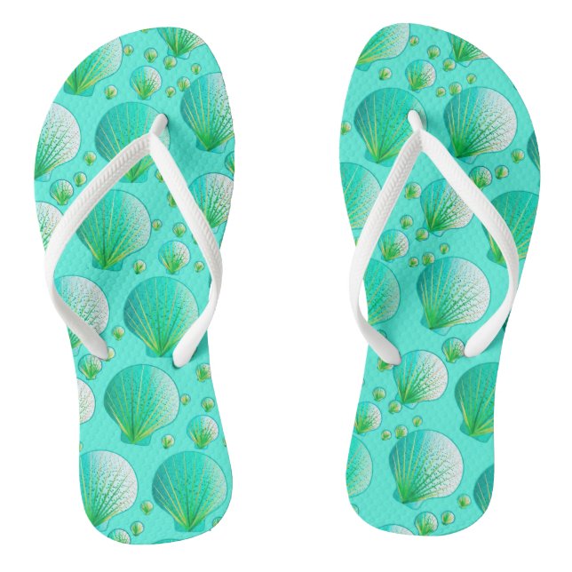 Meeresfrüchte-Grüne Muscheln auf Aqua Flip Flops (Fußbett)