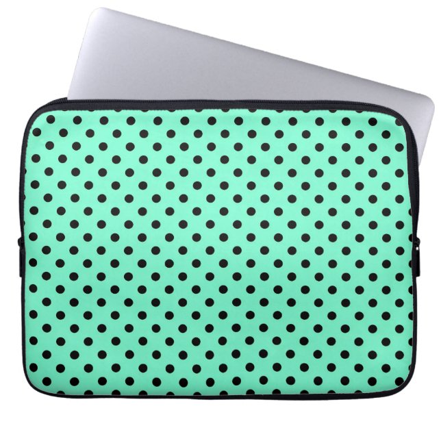 Meeresgrün Schwarz Polka Laptopschutzhülle (Vorderseite)