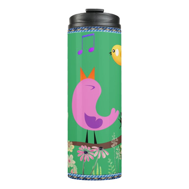 Meeresgrün - Vögel (mit/ Initialen) Thermosbecher (Vorderseite)