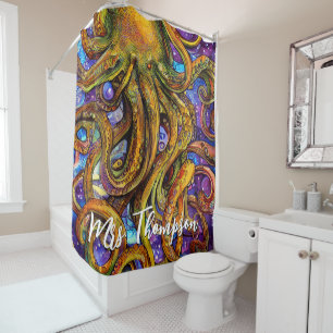 Meereskreatur Oktopus mit Personalisiertem Namen Duschvorhang