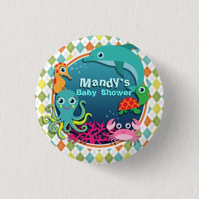 Meeresleben auf farbenfroher Raute; Babydusche Button (Vorderseite)