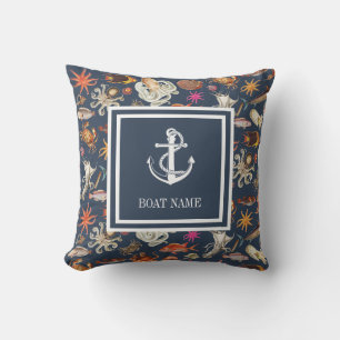 Meeresleben Navy Blau Nautischer Anker Bootsname Kissen