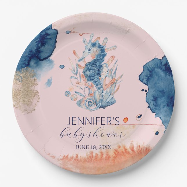 Meeresleben | Seepferd Baby Showpapier Pappteller (Vorderseite)
