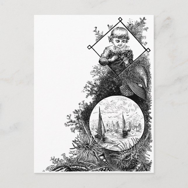 Meeresleben und Viktorianischer Junge mit Krabbe Postkarte (Vorderseite)