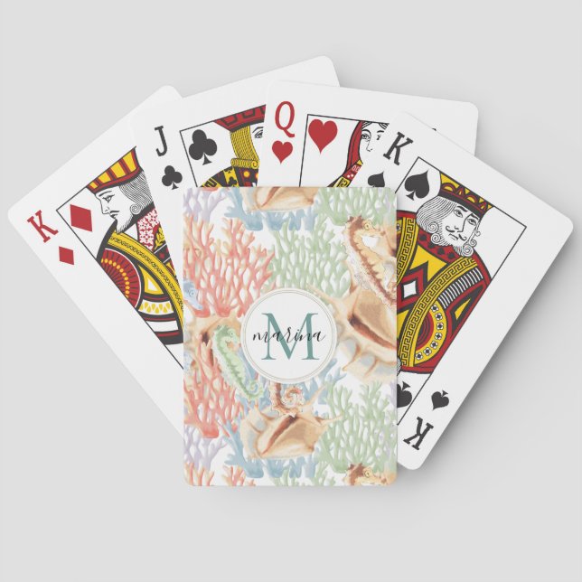 Meereslebewesen, farbenfrohe Unterwasser-Monogramm Spielkarten (Rückseite)