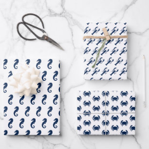 Meeresnautische-Tiere Muster Hummer Krebs Seepferd Geschenkpapier Set