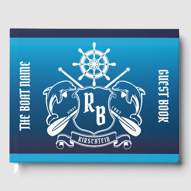 Meeresschild-Insignien-Delphine-Helm-Oars-Schild Gästebuch (Vorderseite)