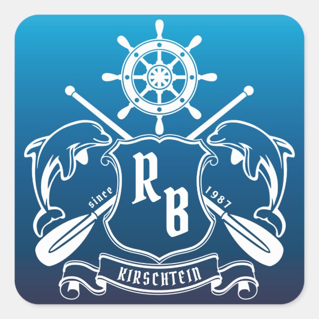 Meeresschild-Insignien-Delphine-Helm-Oars-Schild Quadratischer Aufkleber (Vorderseite)