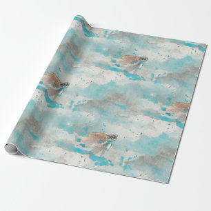 Meeresschildkröte auf ozeanblauem Aquarell-Nautik Geschenkpapier