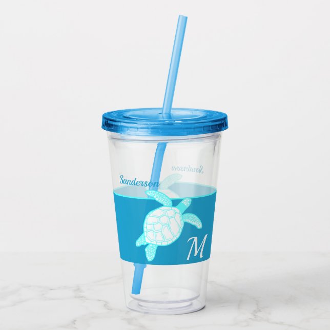 Meeresschildkröte Blau Aquamarin Weiß Acryltrinkbecher (Rückseite)