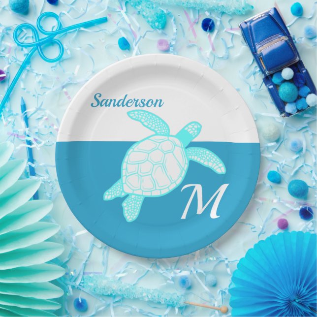 Meeresschildkröte Blau Aquamarin Weiß Pappteller (Party)
