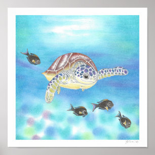 Meeresschildkröte Buntstift-Zeichnung Kunstprint  Poster