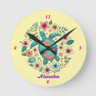 Meeresschildkröte Floral Boho Schule Büro Name Run Runde Wanduhr