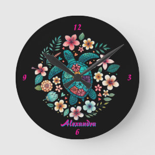 Meeresschildkröte Floral Boho Schule Büro Name Run Runde Wanduhr