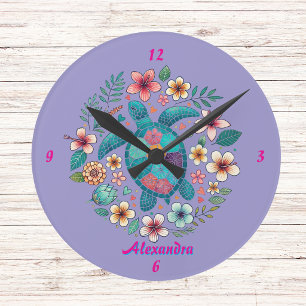Meeresschildkröte Floral Boho Schule Büro Name Run Runde Wanduhr
