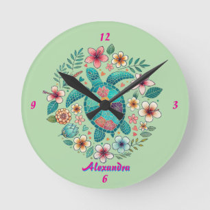 Meeresschildkröte Floral Boho Schule Büro Name Run Runde Wanduhr