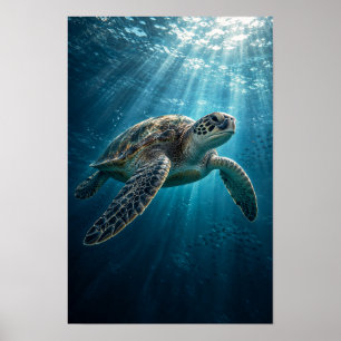 Meeresschildkröte gleitet durch sonnendurchflutete poster