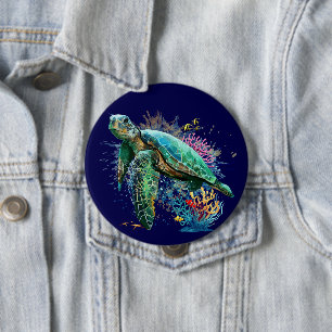 Meeresschildkröte im Unterwasser-Aquarell-Stil Button