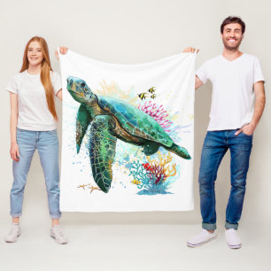 Meeresschildkröte im Unterwasser-Aquarell-Stil Fleecedecke
