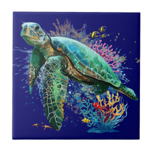 Meeresschildkröte im Unterwasser-Aquarell-Stil Fliese