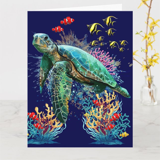Meeresschildkröte im Unterwasser-Aquarell-Stil Karte (Gelbe Blume)