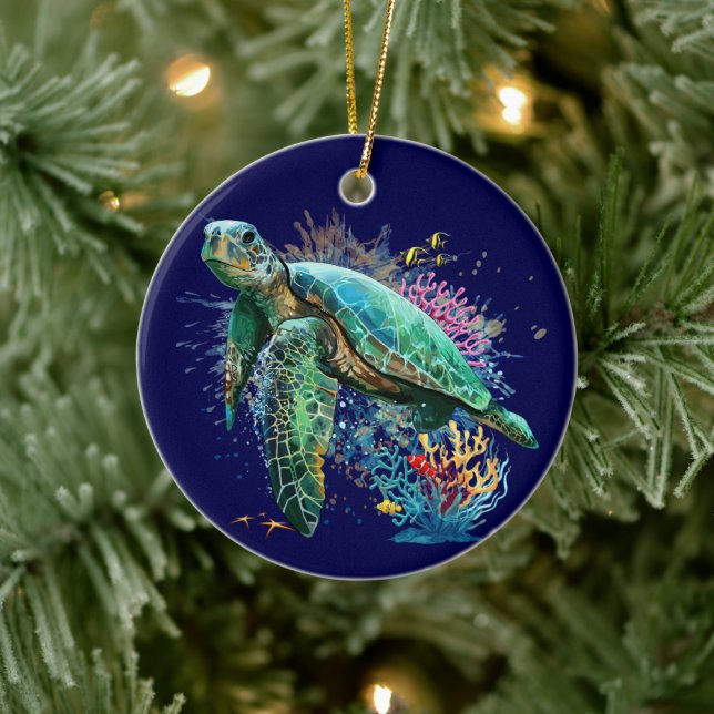 Meeresschildkröte im Unterwasser-Aquarell-Stil Keramik Ornament (Baum)