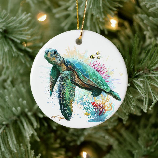 Meeresschildkröte im Unterwasser-Aquarell-Stil Keramik Ornament (Baum)