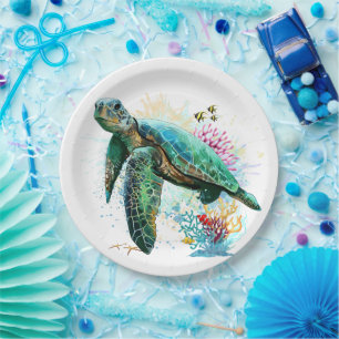 Meeresschildkröte im Unterwasser-Aquarell-Stil Pappteller