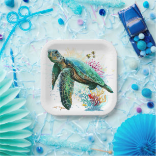 Meeresschildkröte im Unterwasser-Aquarell-Stil Pappteller