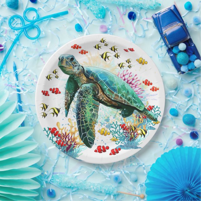 Meeresschildkröte im Unterwasser-Aquarell-Stil Pappteller (Party)