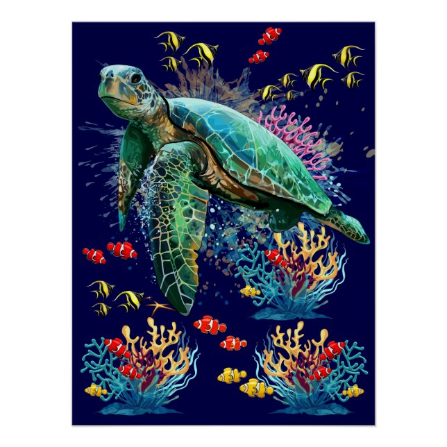 Meeresschildkröte im Unterwasser-Aquarell-Stil Poster (Vorderseite)