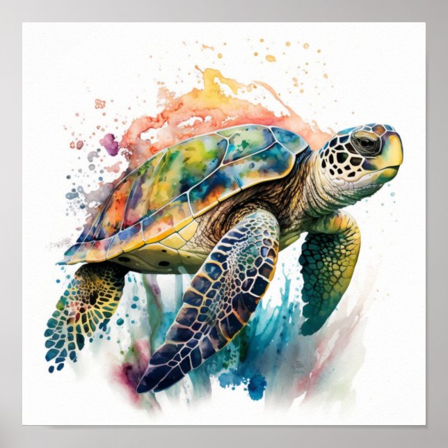 Meeresschildkröte in Aquarellposter Poster (Vorne)