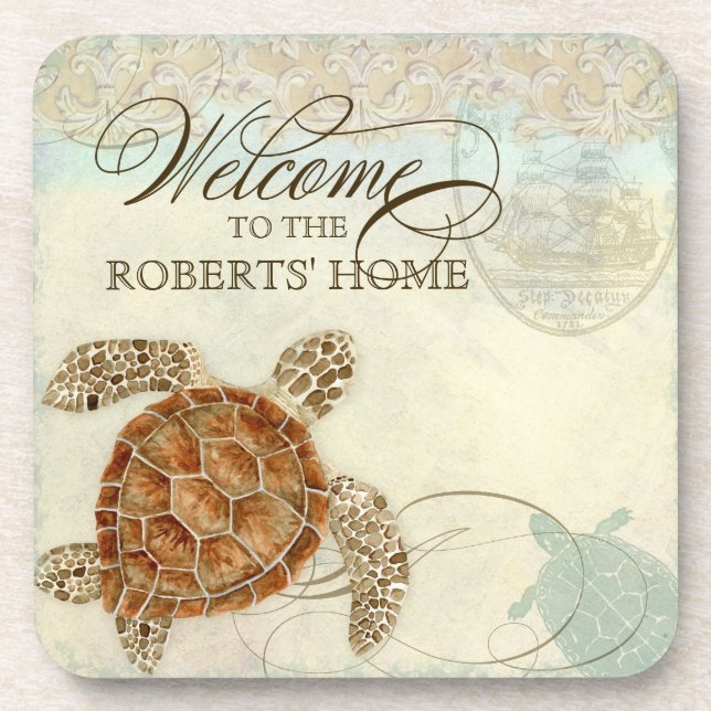 Meeresschildkröte-Küstenufer - Willkommen zum Untersetzer (Vorderseite)