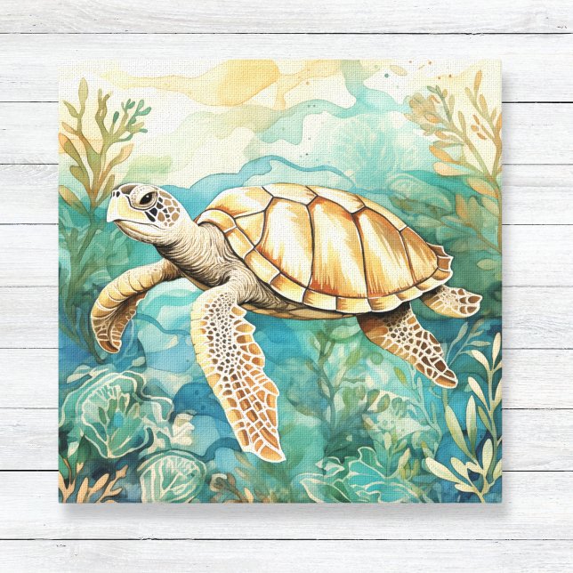 Meeresschildkröte-Leinwand Leinwanddruck (Coastal Art for Kids or Bathroom - Watercolor Turtle Canvas Print)