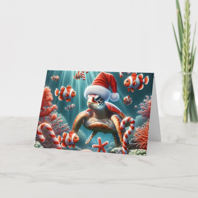 Meeresschildkröte mit Weihnachtshut Feiertagskarte (Vorderseite)