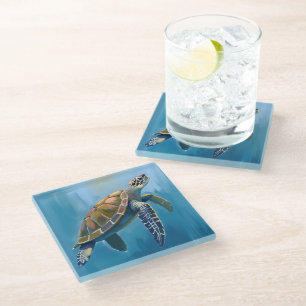 Meeresschildkröte Ozean Tier Wasserfarbe Glasuntersetzer