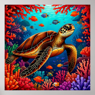 🐢 Meeresschildkröte Schwimmt Über Korallenriff Wa Poster