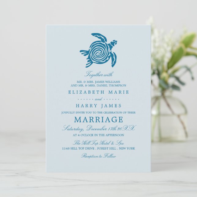 Meeresschildkröte, Sea Blue Beach Hochzeit Einladung (Stehend Vorderseite)